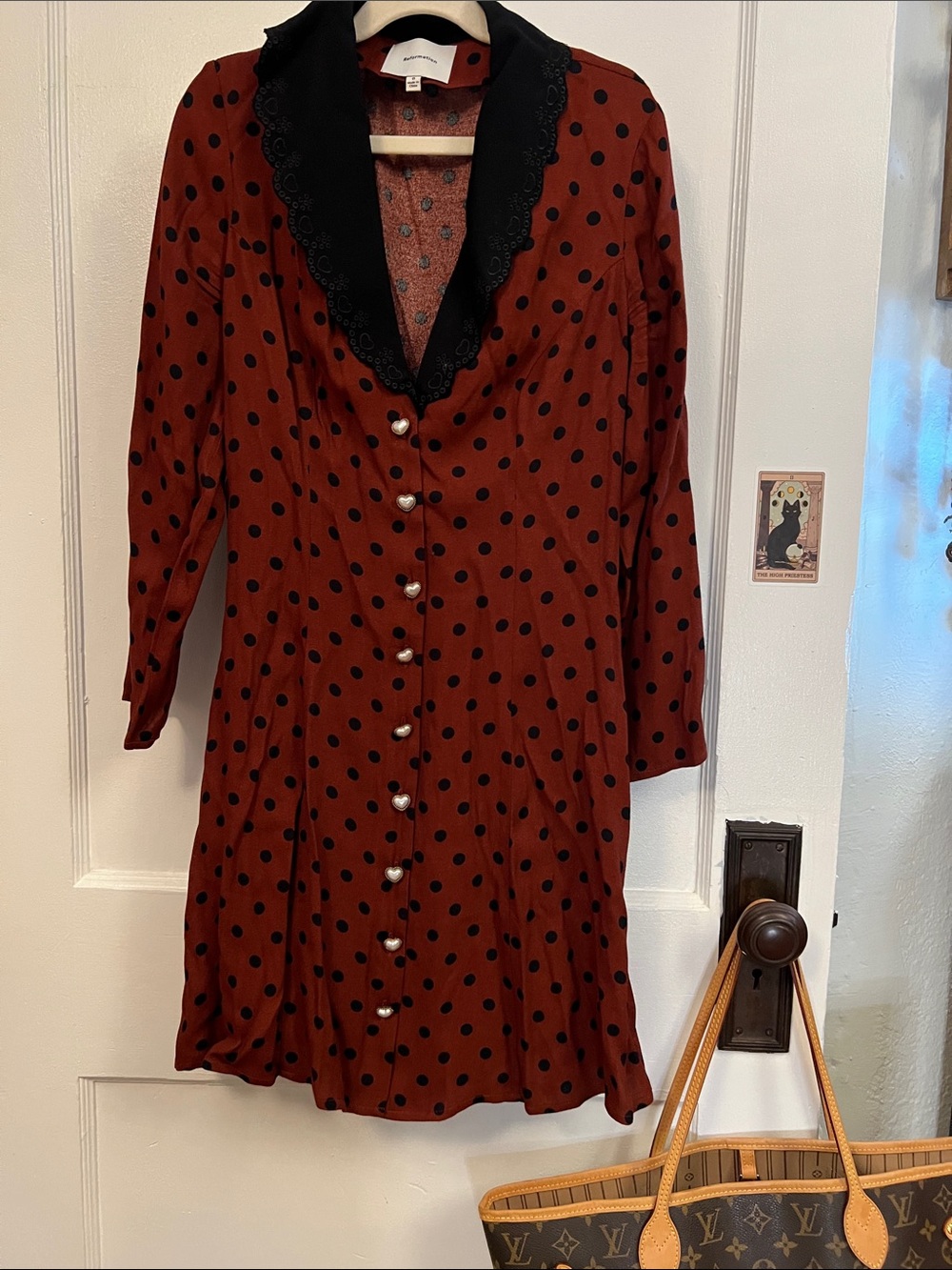 Reformation Polka Dot Long Sleeve Dress with Black Scalloped Collar Fall Vibes 🍂